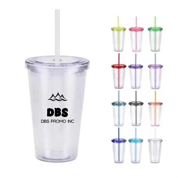 16oz Double Wall Plastic Tumbler With Lid and Curly Straw 1