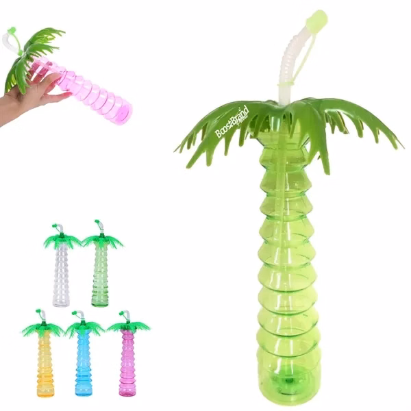 Custom Plastic Palm Tree Novelty Tumbler with Straw — Tropical Event Giveaway