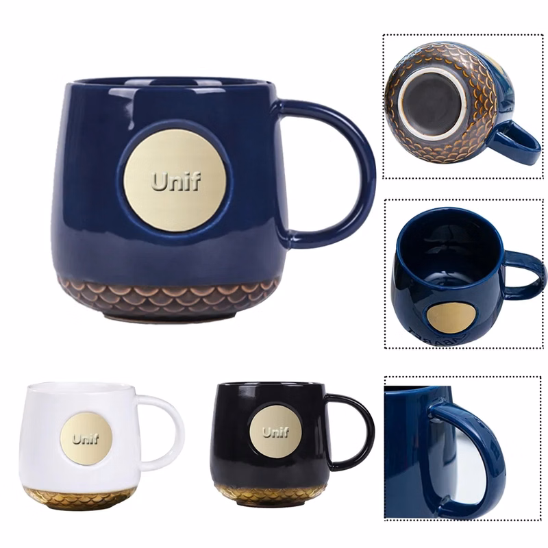 14Oz.Ceramic coffee cups with  Circular Metal