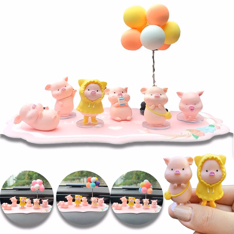 6PCS Cute Pig with Balloon Car Dashboard Decorations