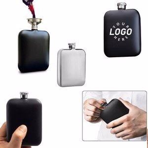 Black Round Corner 6oz Stainless Steel Flask With Funnel