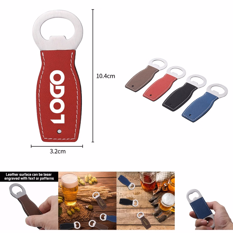 Stainless Steel Flat Bottle Opener with Leather Handle