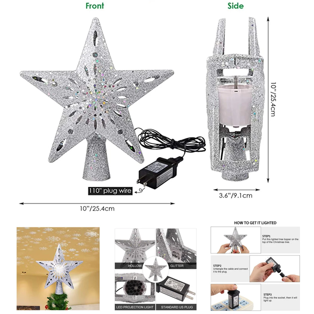 Christmas Tree Topper Lighted Star With Rotating Snowflake Projector 1