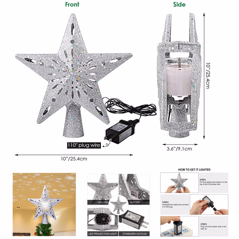 Christmas Tree Topper Lighted Star With Rotating Snowflake Projector