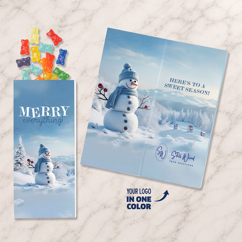 One Color Foil-Stamped Stock Snowman Sweeter Cards with Albanese Gummi Bears