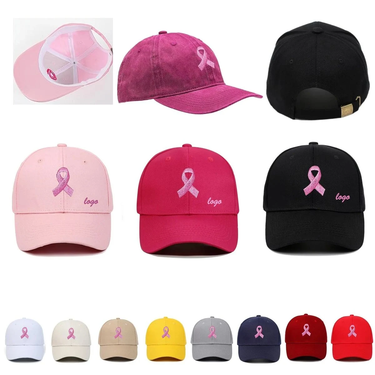 Pink Ribbon Embroidered Cap Headwear 1