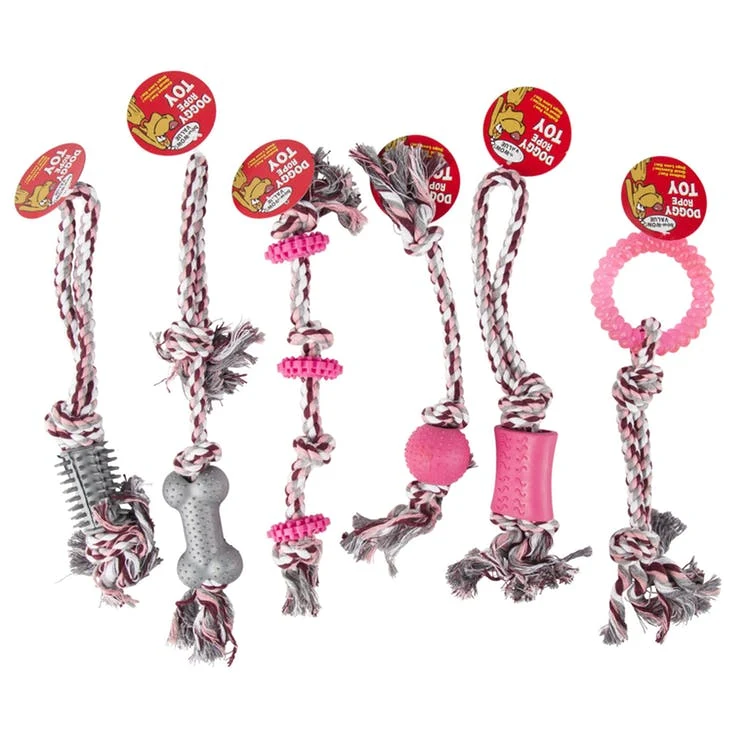 Rope & Rubber Dog Chew Toys - Pink/Gray 6" 1