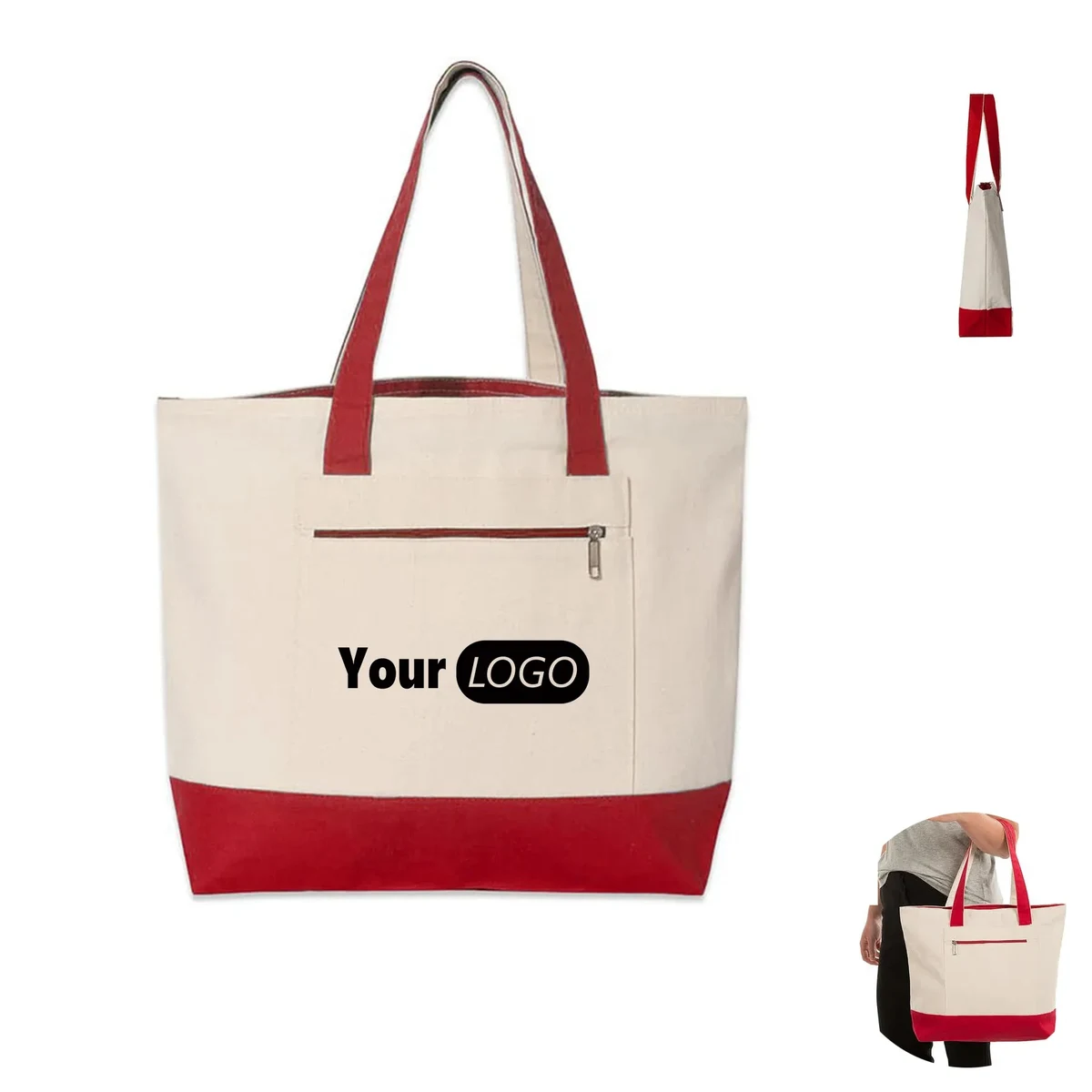 Medium Front Zipper Cotton Boat Tote Bag, custom tote bag with logo imprint 1