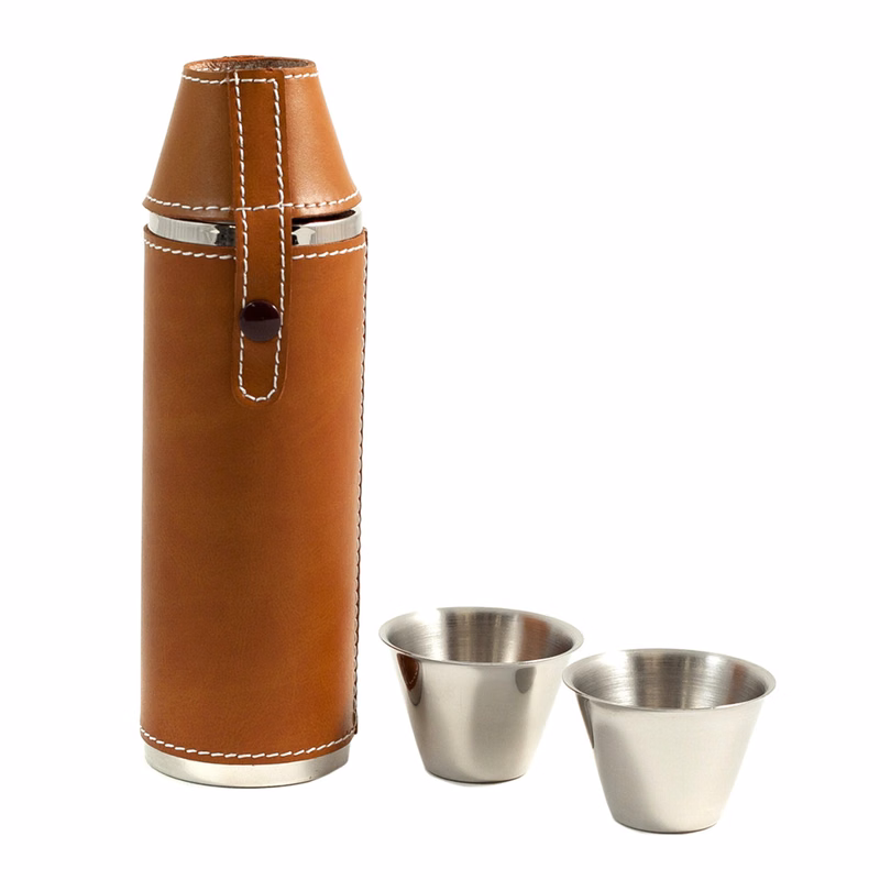 STAINLESS STEEL TAN LEATHER CYLINDER FLASK
