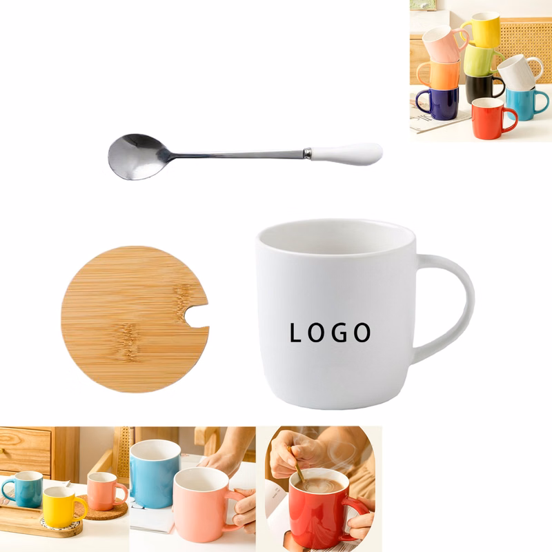 12 Oz Ceramic Tea Mug With Lid And Coffee Spoon For Latte