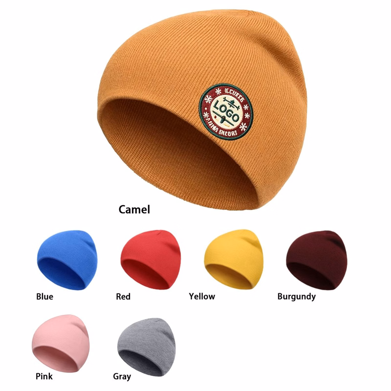 8"Embroidered Uncuffed Knit Beanie Cap