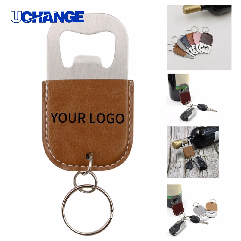 PU Leather Bottle Opener Keychain Tool 3.15" x 1.78" Stainless Steel