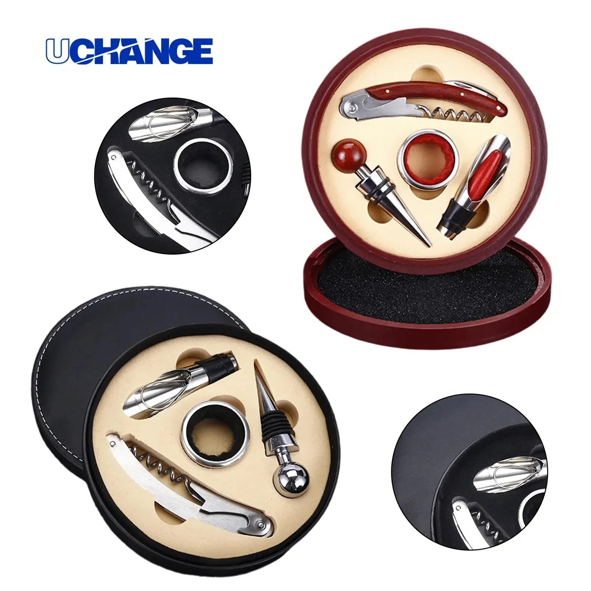 4 Piece Wine Gift Set In Round Leather Case 1