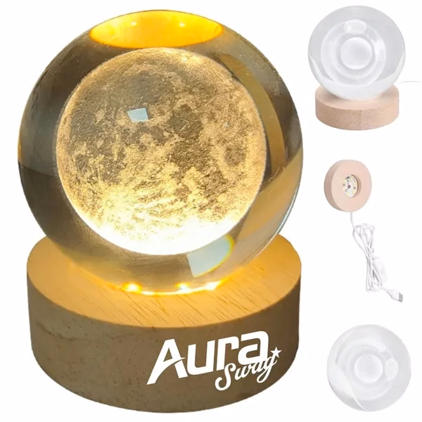 Custom Crystal Globe LED Night Light with Wooden Base — Corporate Awards & Gifts