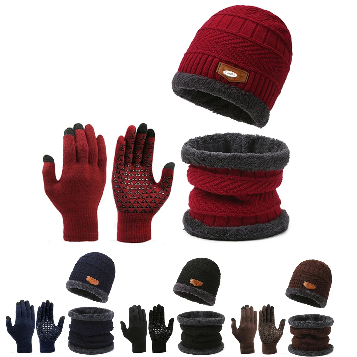 Slouchy Beanie, Scarf & Gloves Set Winter Knit Hat Combo 1