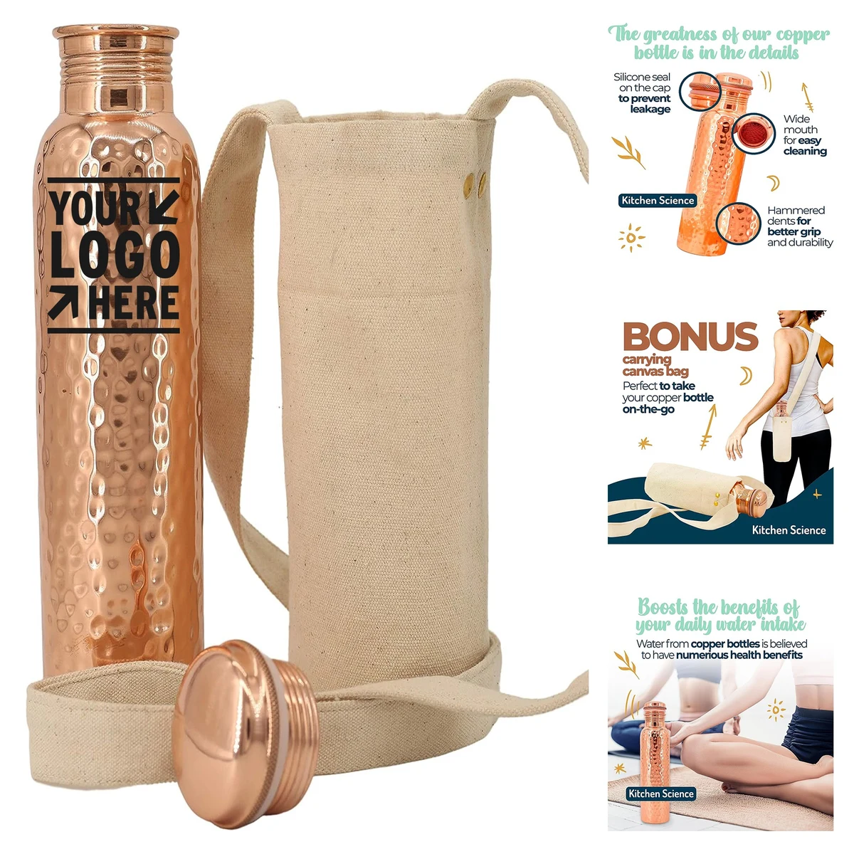 Carrying Canvas Bag Heavy Duty Leak-Proof 100% Pure Copper 32oz Water Bottle, custom water bottle with logo imprint 1