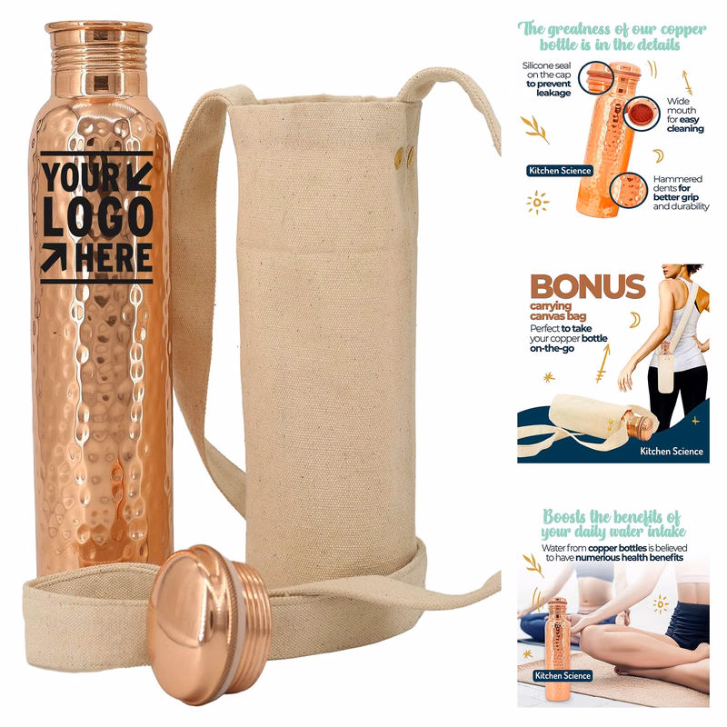Carrying Canvas Bag Heavy Duty Leak-Proof 100% Pure Copper 32oz Water Bottle