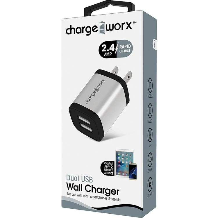 Dual USB Rapid Wall Chargers - Silver 2.4 AMP 1