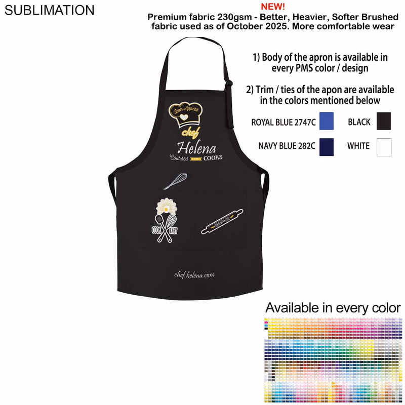 Colored Sublimated Bib Apron, 25x28, 2 Pockets, Adjustable Neck, White or Stock Colored Ties