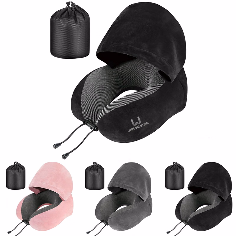 Portable Hooded Travel U-Shaped Pillow w/ Drawstring Bag
