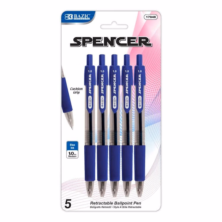 Retractable Blue Pens - Cushion Grip 5 Pack