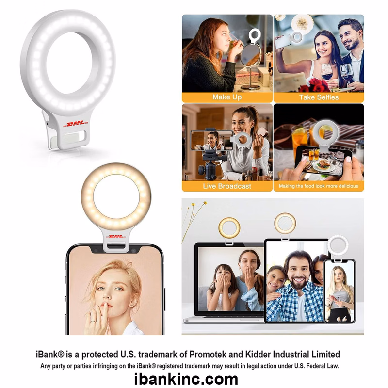 iBank ® Professional Clip On Rechargeable Selfie Ring Light for Phone, Laptop with 60 LEDs. Free Shi