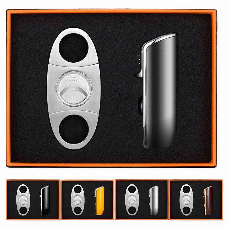 Stainless Steel Cigar Cutter Torch Lighter Set