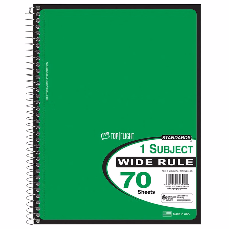 1 Subject Spiral Notebooks - Wide Ruled 70 Sheets 5 Colors