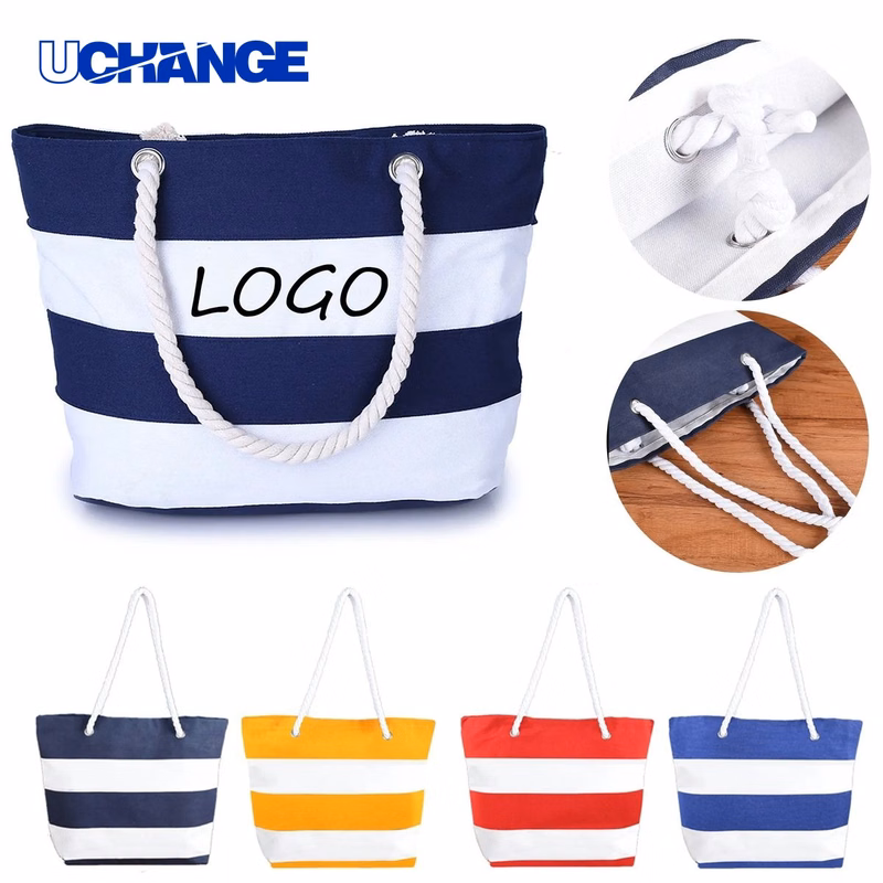 Striped Canvas Beach Shoulder Tote Bag
