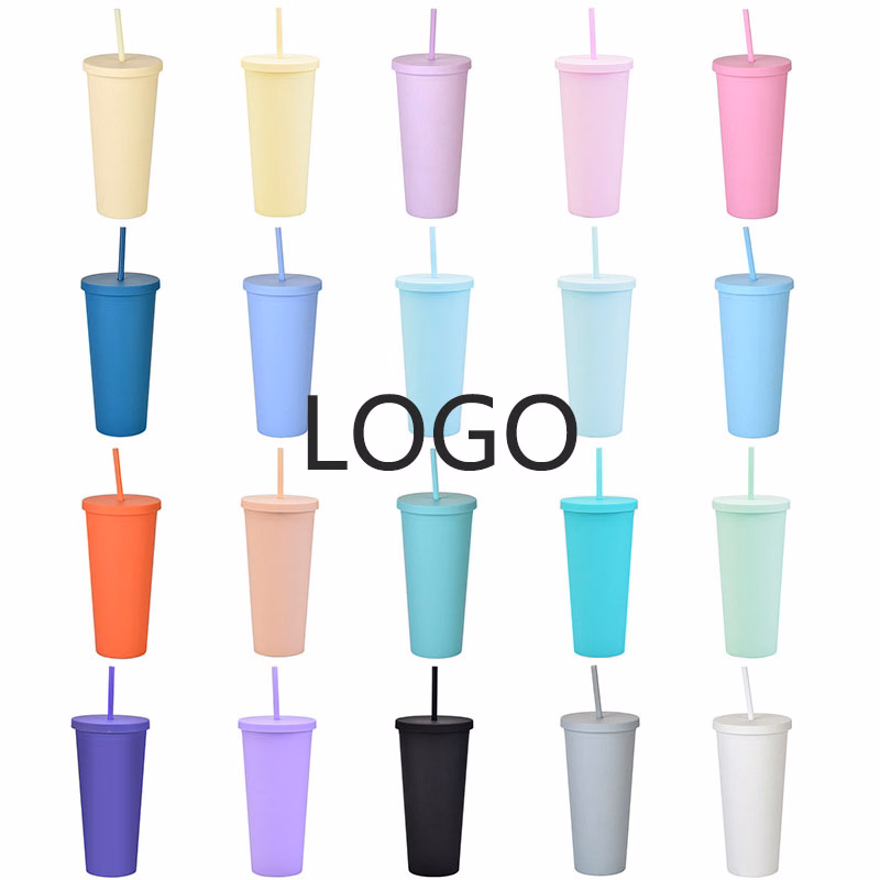 24 OZ Portable Double Plastic Skinny Tumbler / Straw