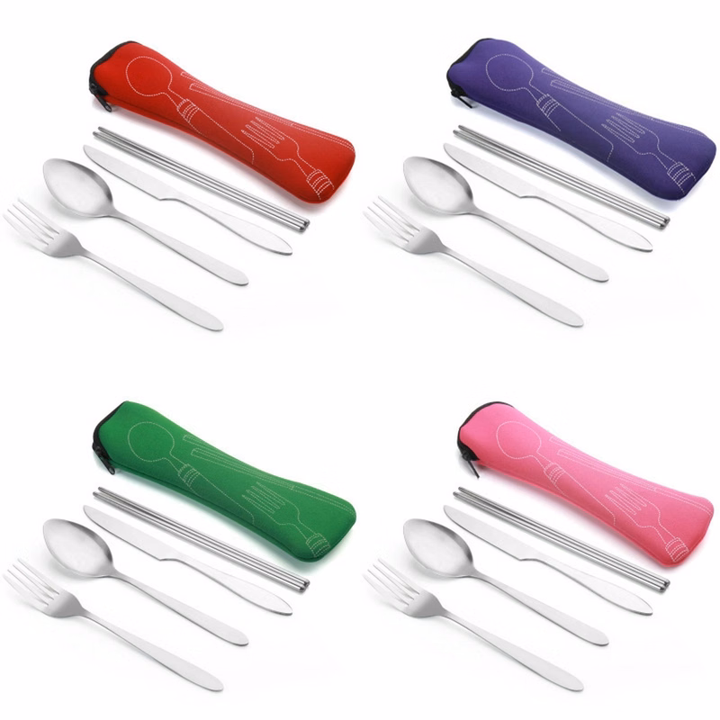 Silver 4pcs Portable Flatware Cutlery Set with Pouch