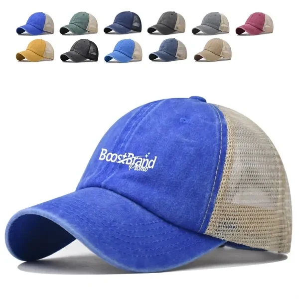Custom Distressed Mesh Back Baseball Cap — Vintage Sport Style & Event Headwear 1