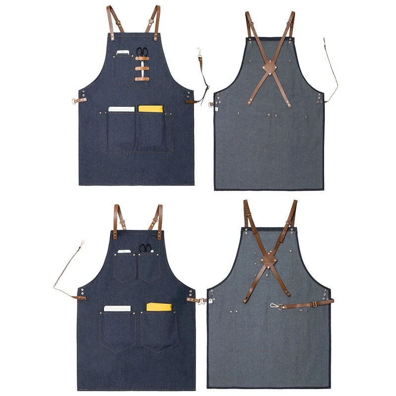 Premium Denim Apron with Cross-back Leather Straps 1