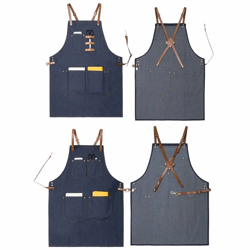 Premium Denim Apron with Cross-back Leather Straps