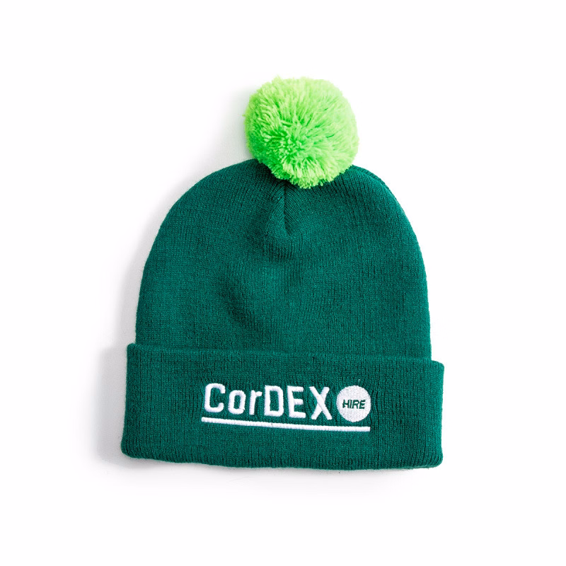 Embroidered Knit Beanie With Colorful Pome