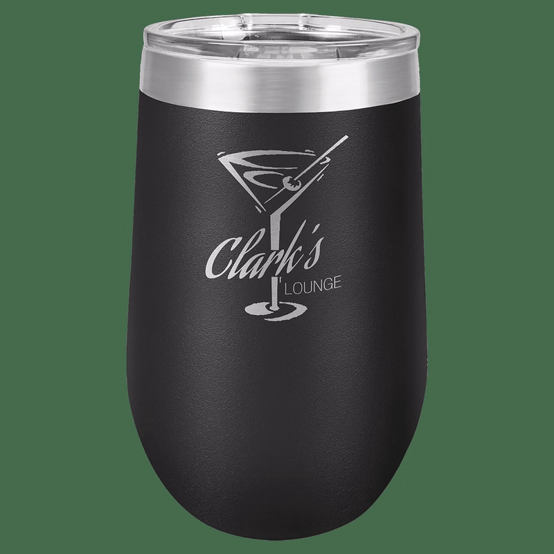 16 oz. Black Laser Engraved Polar Camel Stemless Wine Tumbler w/Clear Lid