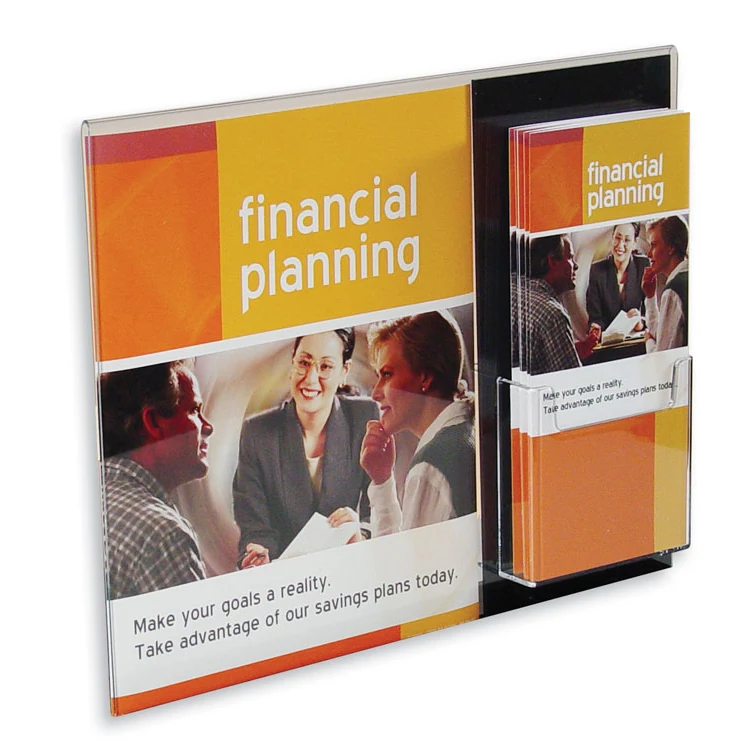 Acrylic Wall Sign Holder with Brochure Pocket, Black Backer 1