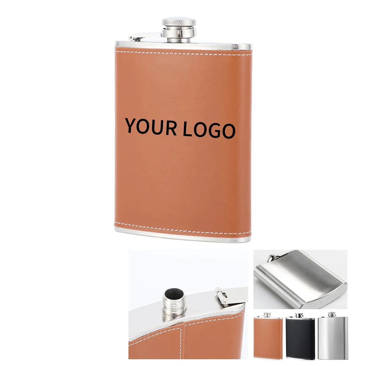 Classic 8oz Leather And Steel Pocket Flask, custom water bottle with logo imprint 1