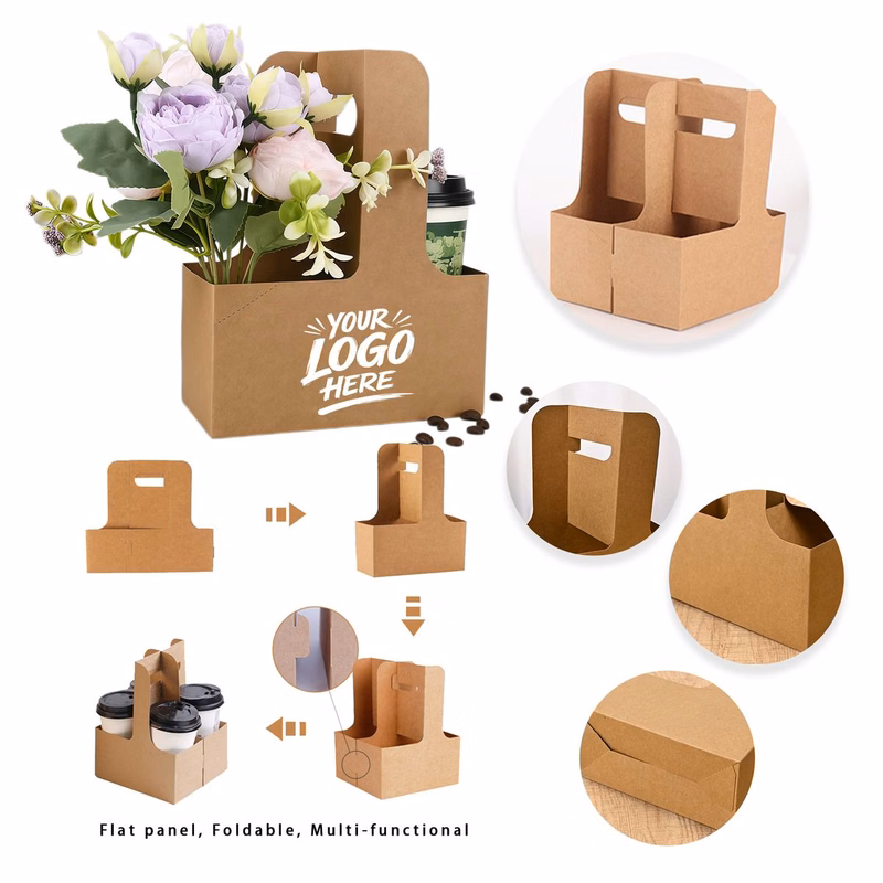Kraft Beverage Carrier Handle Paper Drink Tray