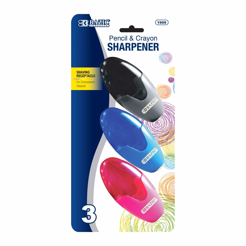 Pencil Sharpeners - 3 Count Shavings Receptacle Assorted Colors