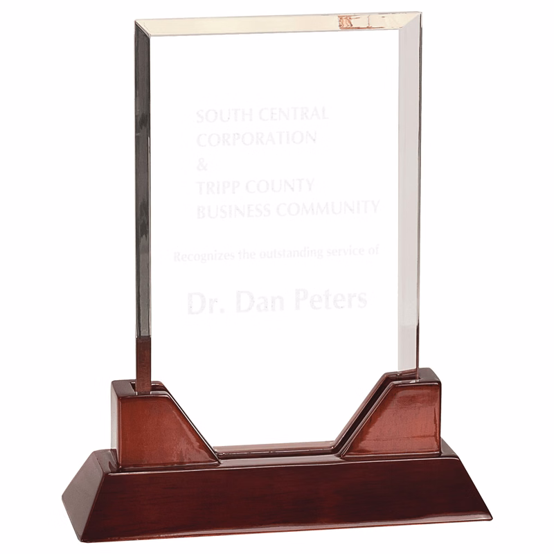 8" Rectangle Prestige Acrylic Award w/ Rosewood Piano Finish Base