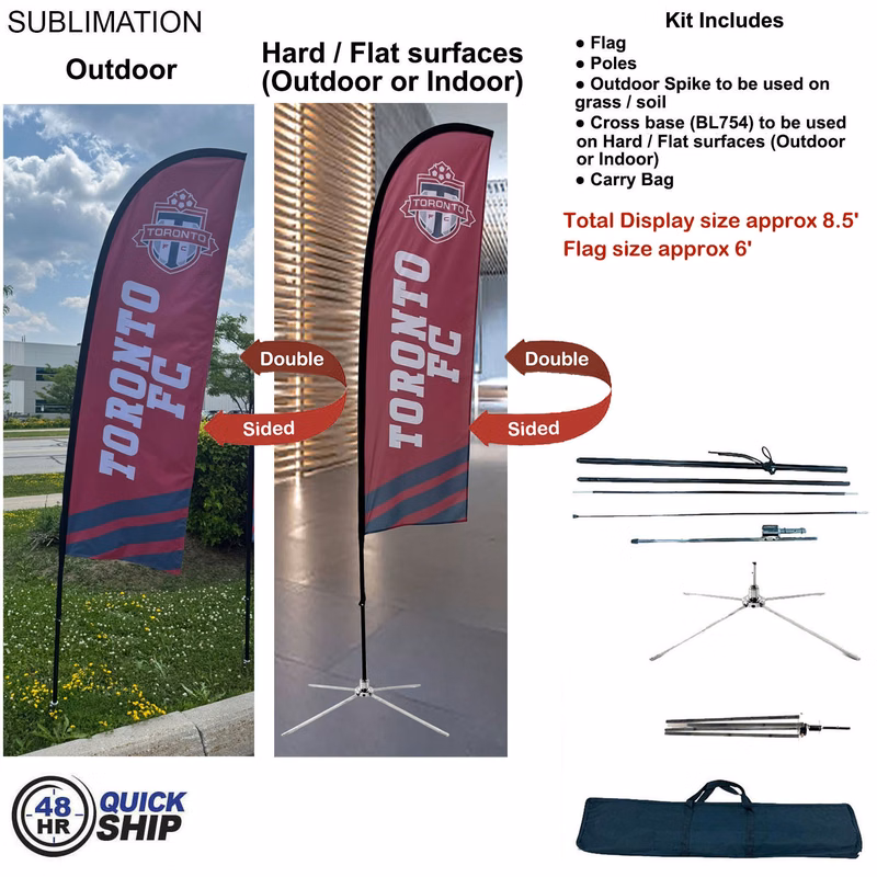 48hr Quick Ship - 8.5' X-Small Feather Flag Kit, Full Color Graphic 2 Side, Outdoor and Indoor bases