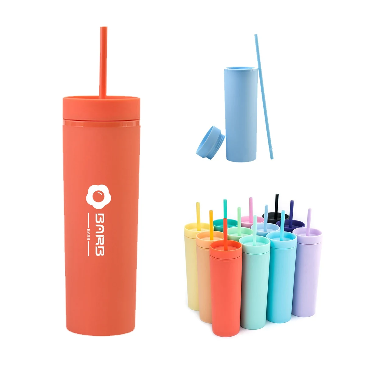 16Oz. Double Wall Plastic Skinny Cup with Lids Straws 1