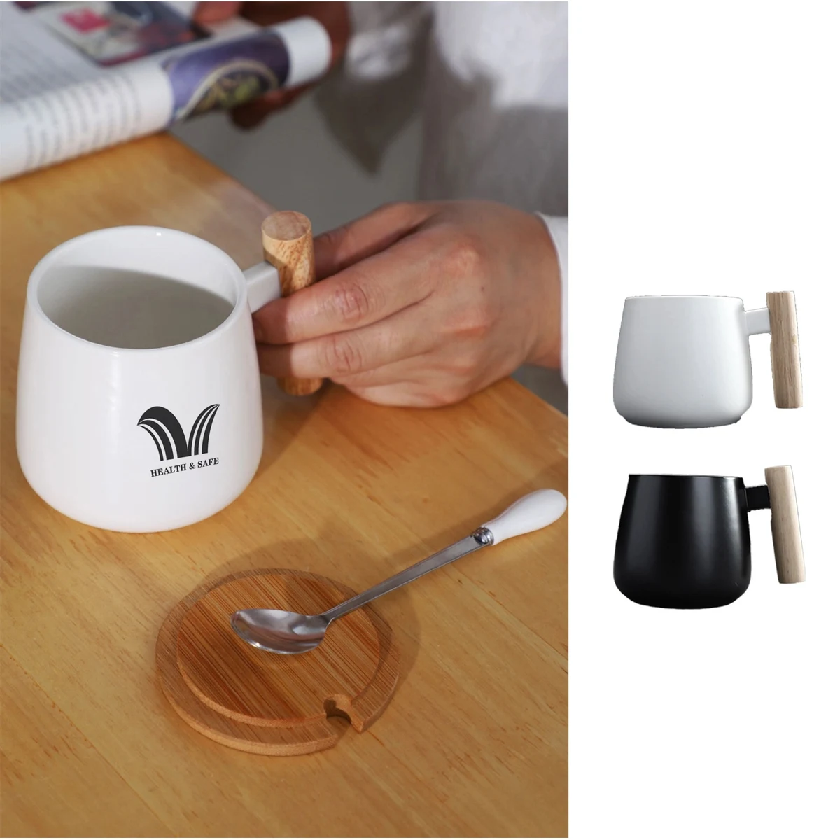 Ceramic Tea Cup with bamboo Lid Mugs Wooden Handle 13oz 1