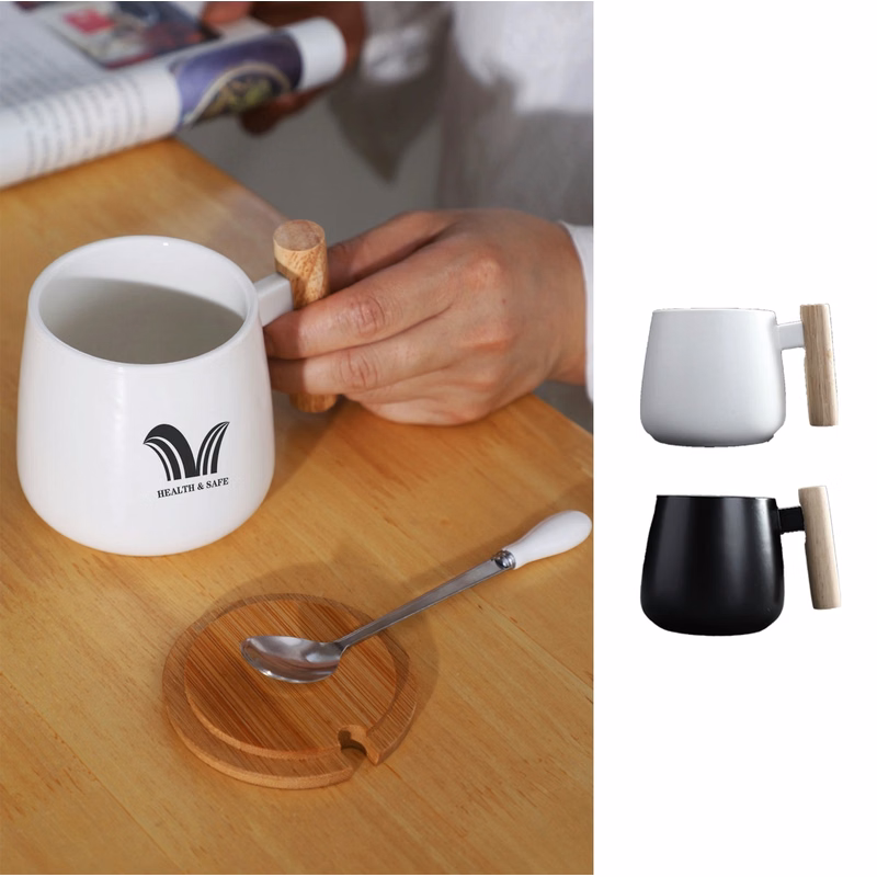 Ceramic Tea Cup with bamboo Lid  Mugs Wooden Handle 13oz