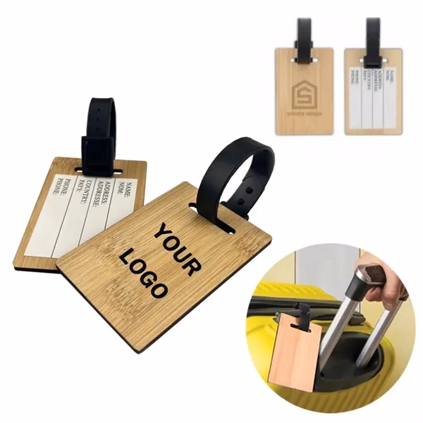 Custom Sustainable Bamboo Luggage Tag with Secure Strap — Eco Friendly Travel Accessory