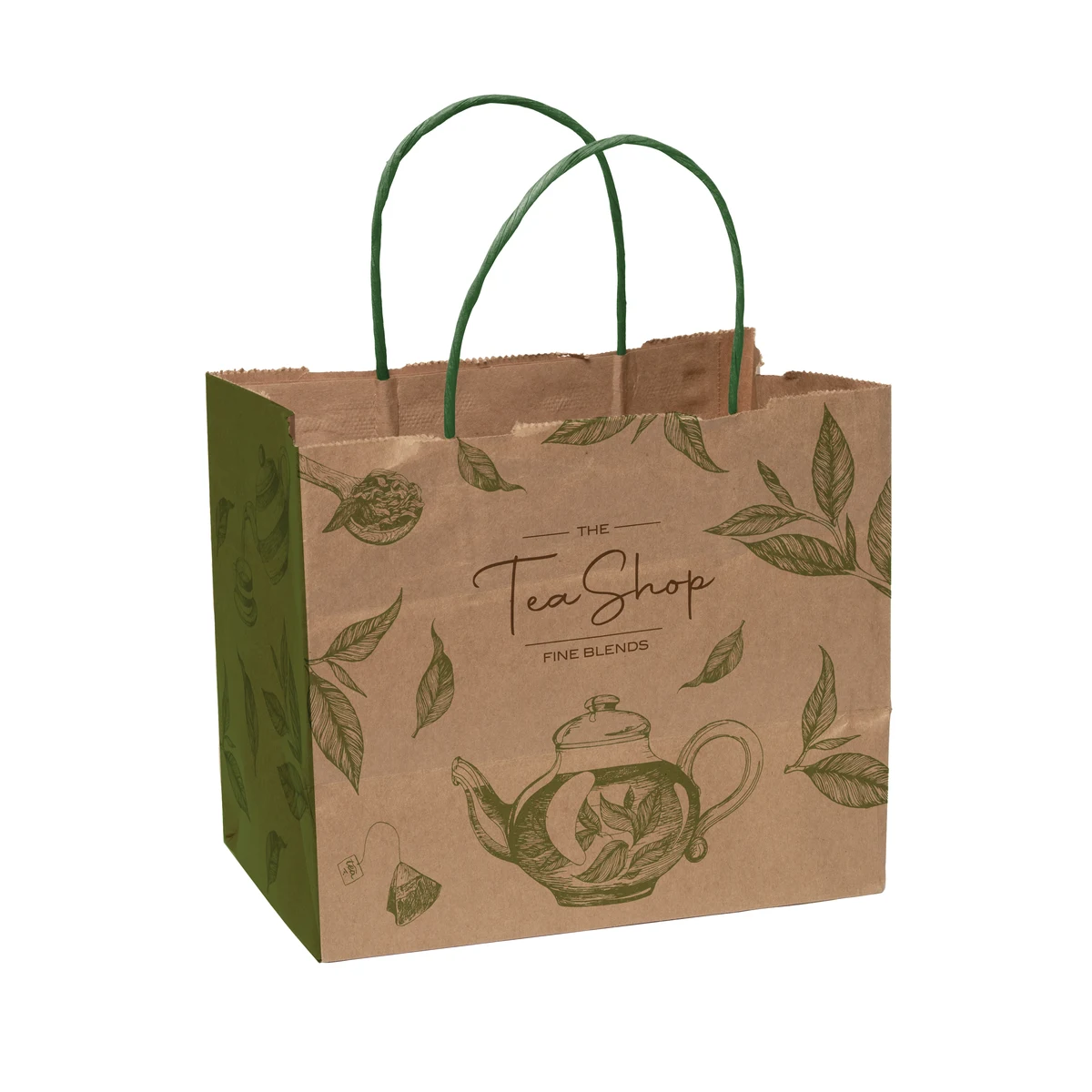 Multi-Sided Full Color Natural Shopper Paper Bag - Green Handle (8.5"x 7.25"x 5") 1