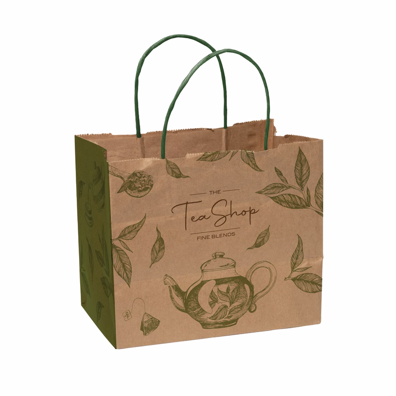 Multi-Sided Full Color Natural Shopper Paper Bag - Green Handle (8.5"x 7.25"x 5")