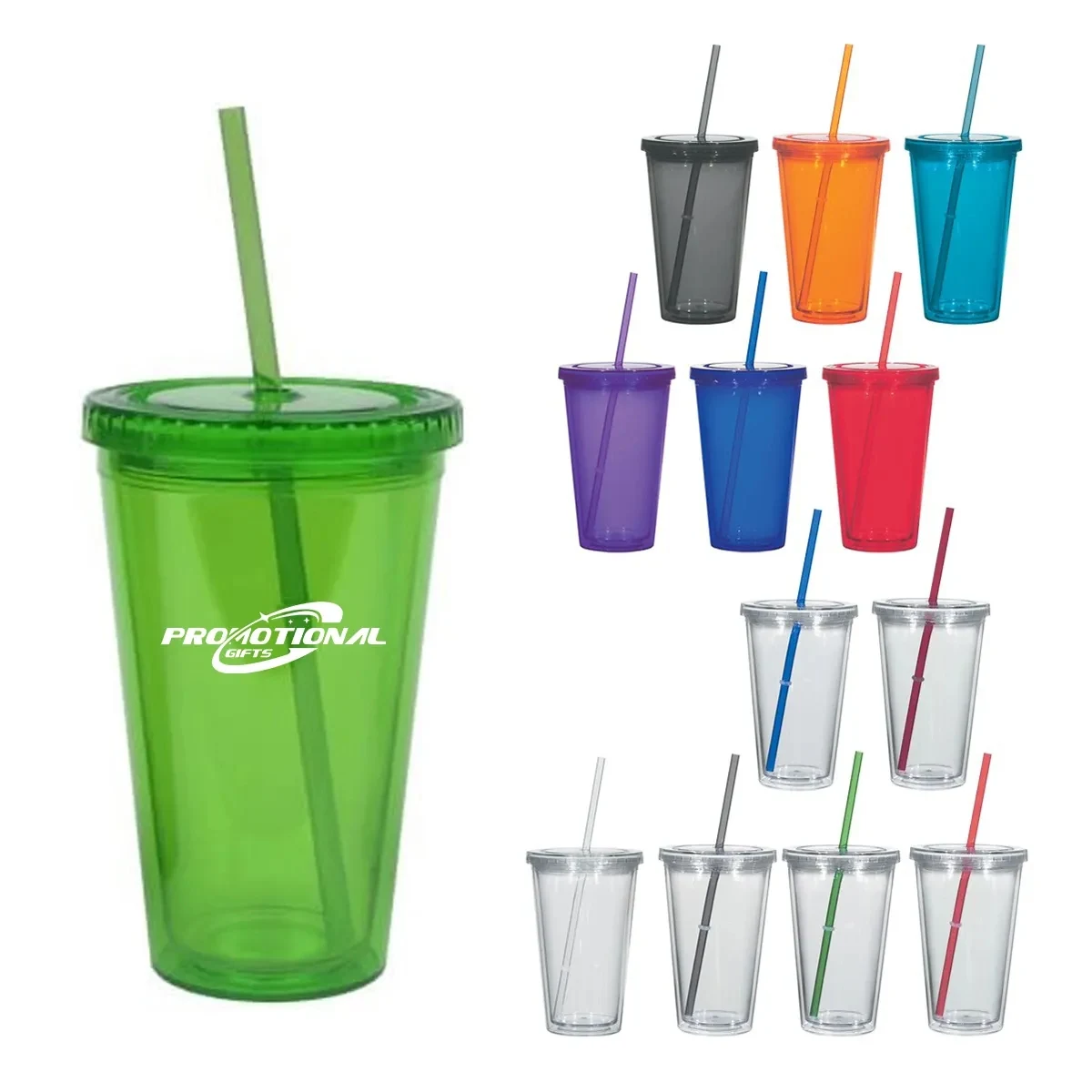 16oz. Double Wall Plastic Tumblers with Straw and Lid 1