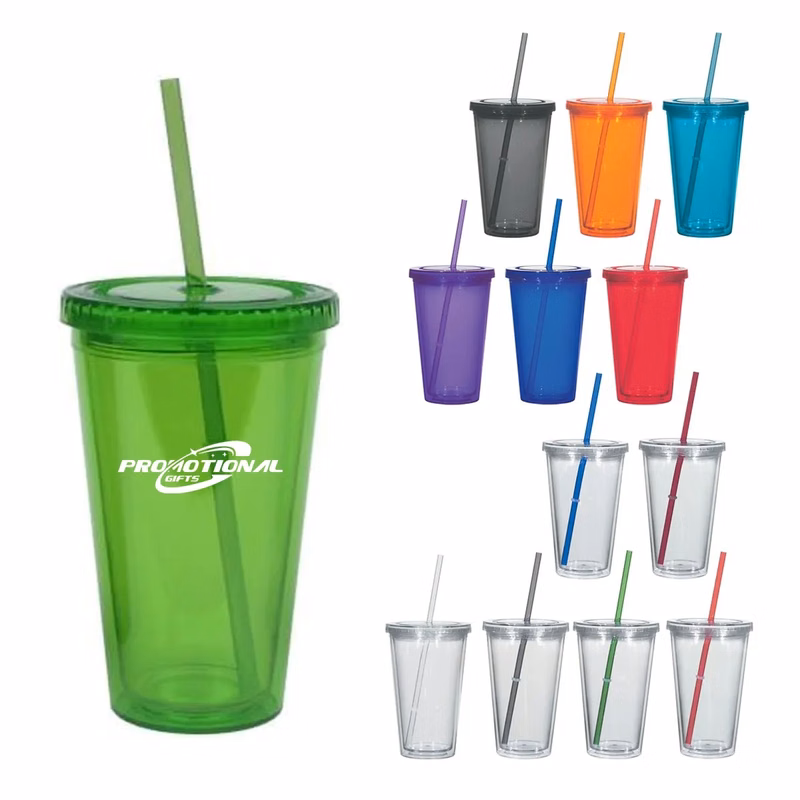 16oz. Double Wall Plastic Tumblers with Straw and Lid